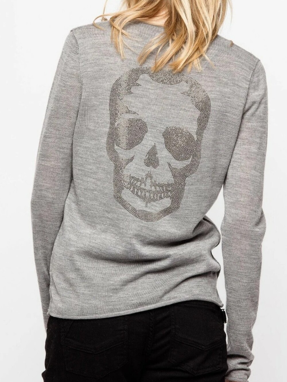 Zadig & Voltaire Nosfa Bis Skull Merino Wool Sweater Grey Oversized Size XS $228
